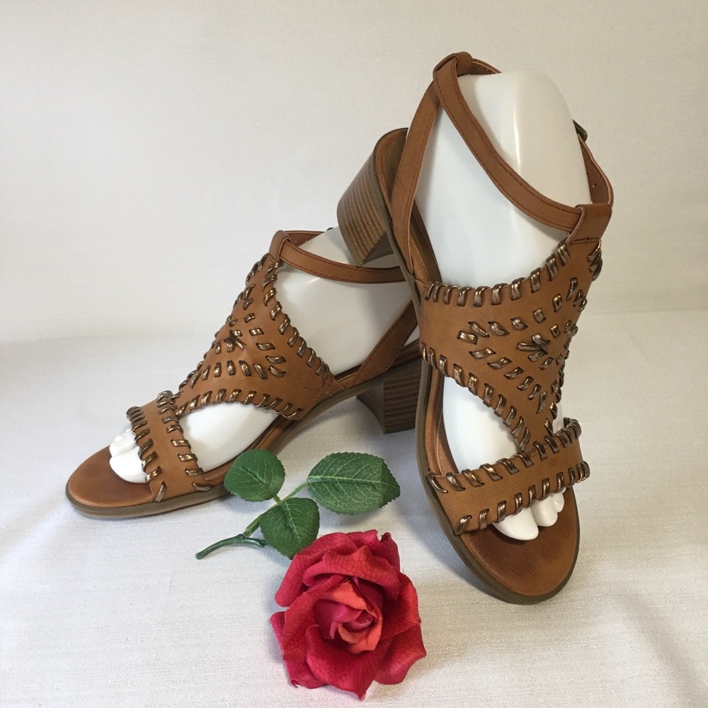 Massini Robin Block heel sandal embellished metal detail sorrel 7M EUC